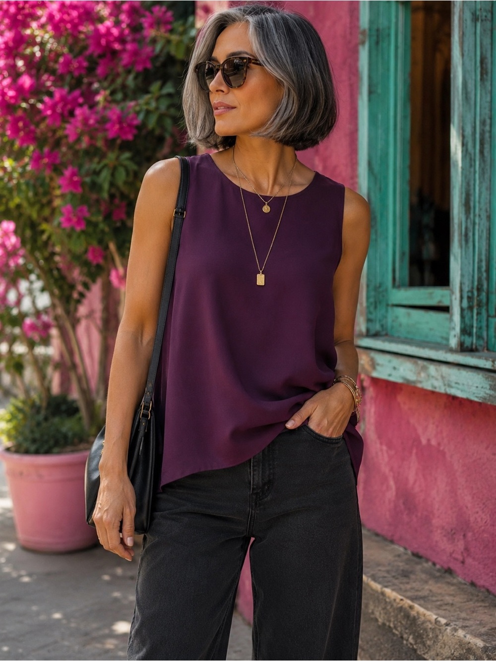 EILEEN FISHER 100% Silk Georgette Crepe Ballet Neck Long Plum Tank Size Large